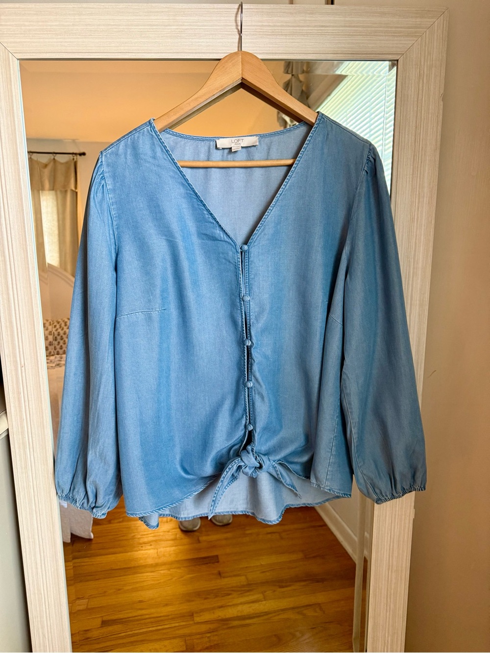 LOFT Plus Chambray Blue Denim Long Puff Sleeve Button & Tie Blouse